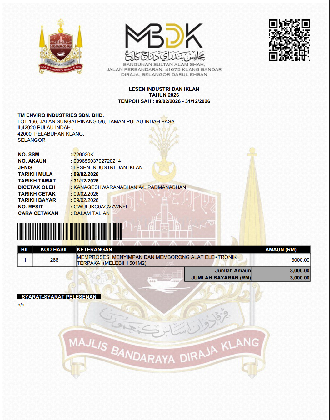 Majlis Bandaraya Diraja Klang (Klang Royal City Council) License