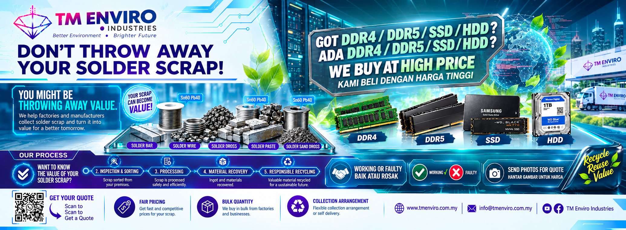 Don't throw away your solder scrap. TM Enviro buys DDR4, DDR5, SSD and HDD.